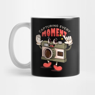 Capturing every moment, a playful analog camera cartoon mascot Mug